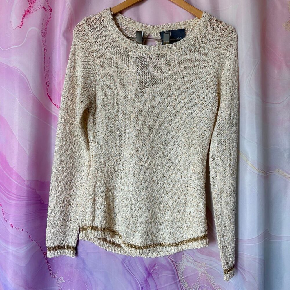 Paper Crane Cream Gold Sequin Open Knit Sweater M/L Romantic Girly Preppy Artsy